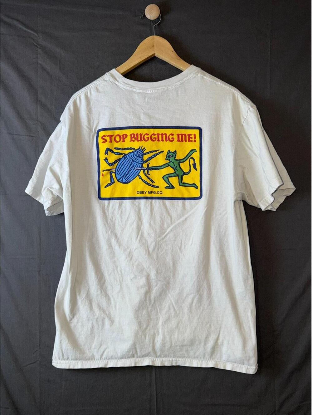 Obey Stop Bugging Me Shirt Large White Devil Beetle Graphic Tee Mens L Cotton - Picture 6 of 7